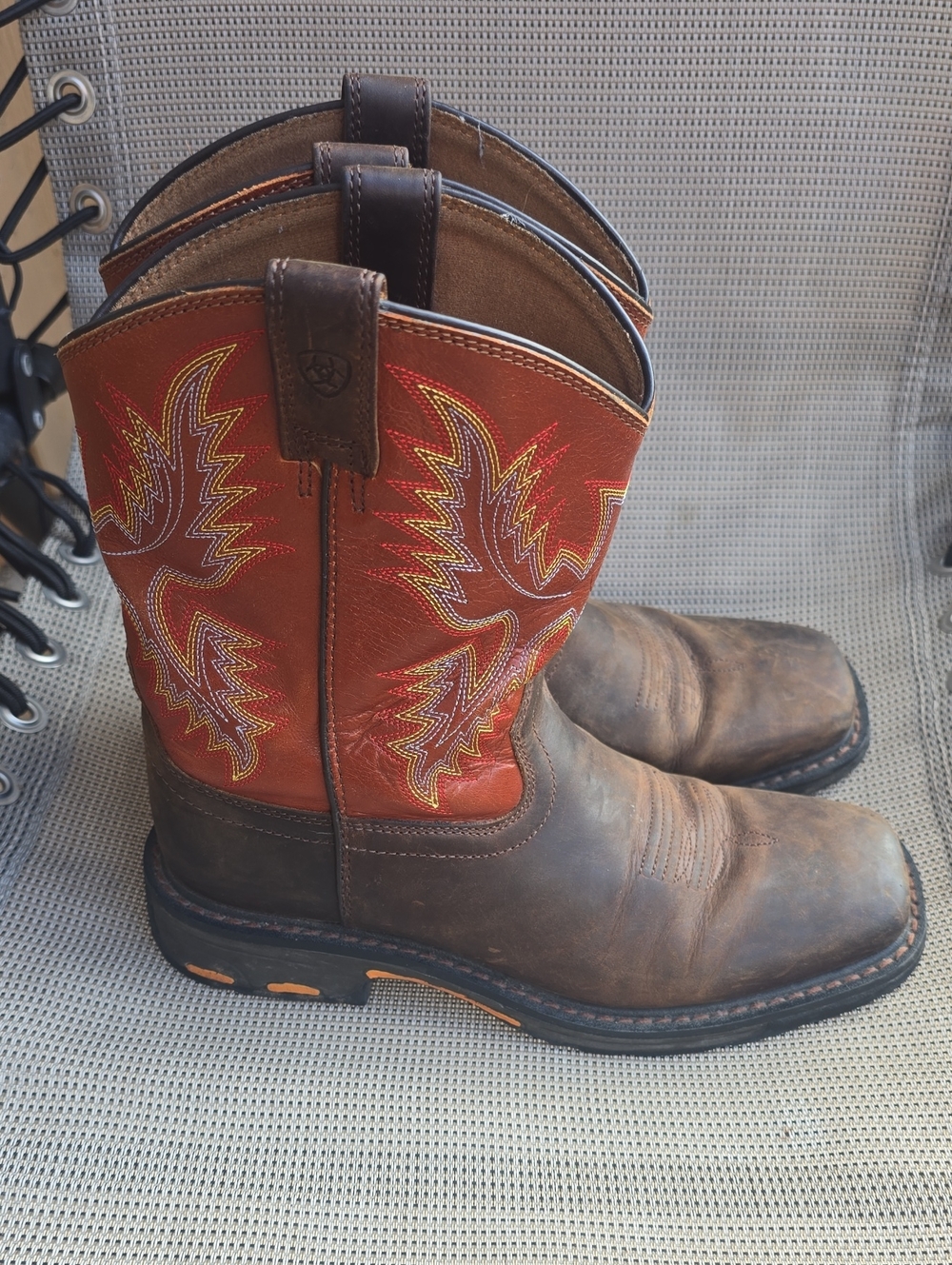 Ariat Brown Leather Western Work Boots with Red Embroidered Shaft